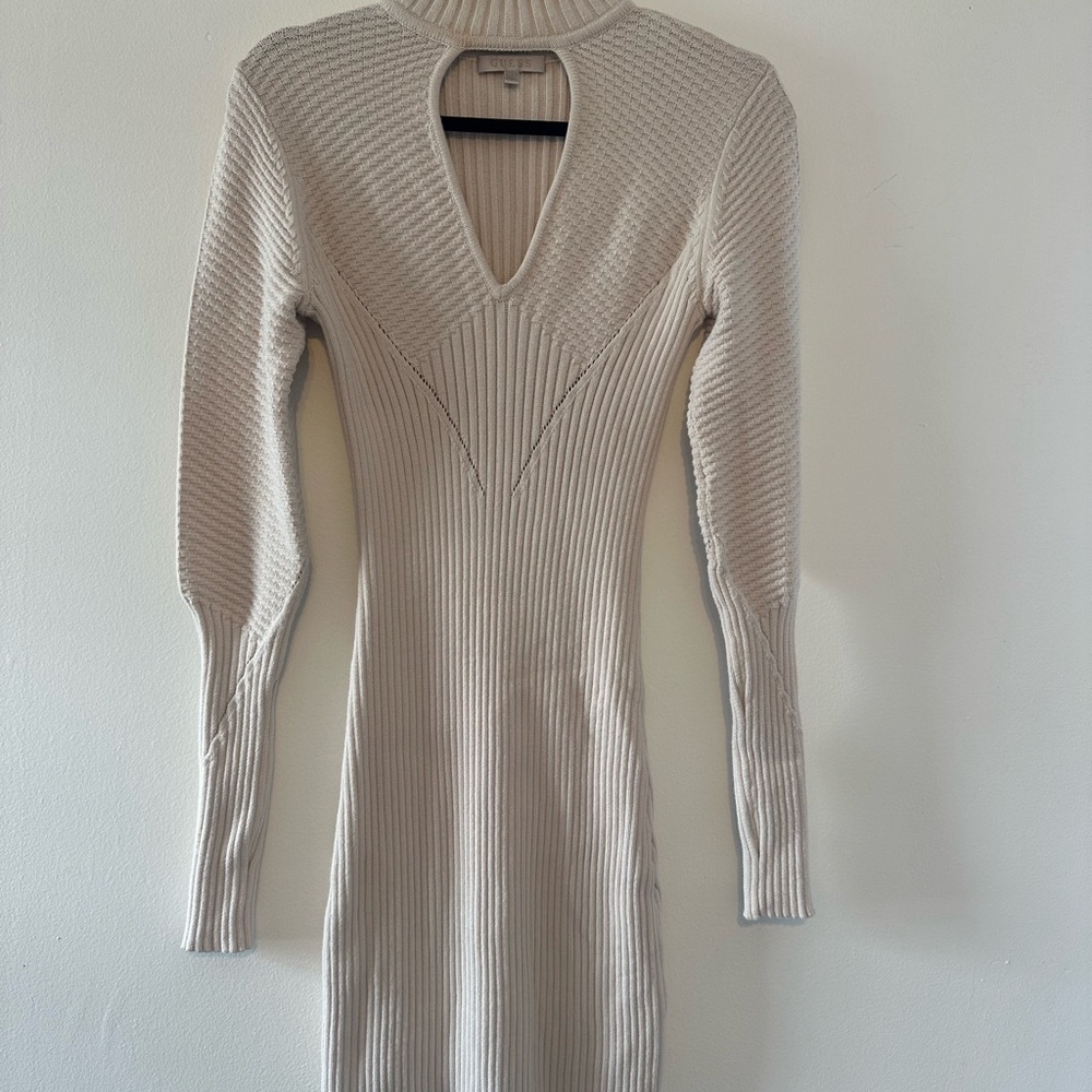GUESS Elegant Cream Ribbed Knit Dress